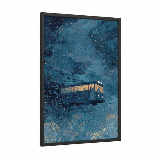 Starlit Bus Journey framed art print — black wood frame — blue and gold palette