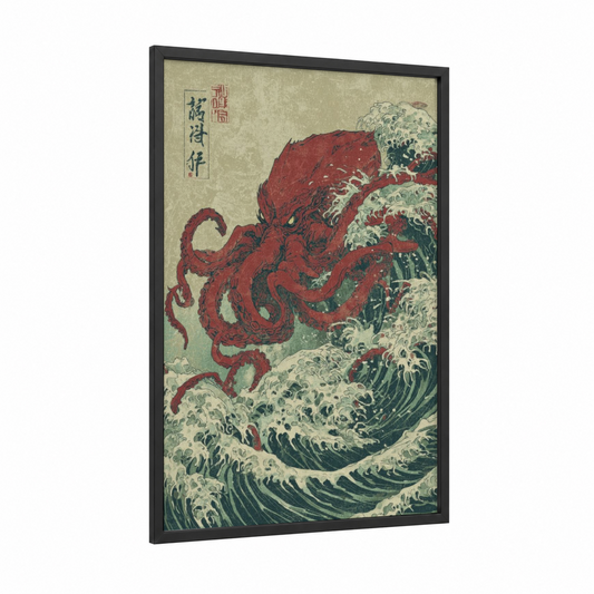 Crimson Cthulhu Wave framed art print — black wood frame — red and teal palette
