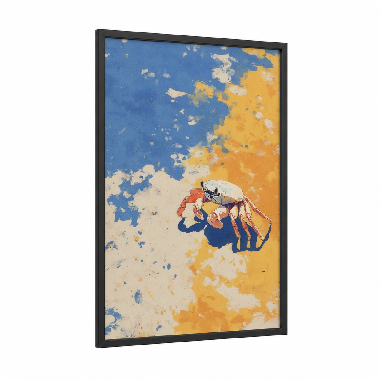 Sunset Crab framed art print — black wood frame — blue and gold and orange palette