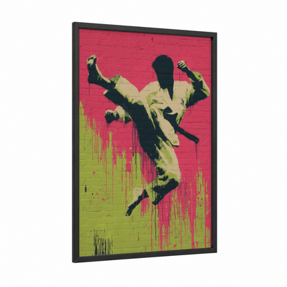 Dynamic Kick Warrior framed taekwondo print — black wood frame — magenta and lime green palette