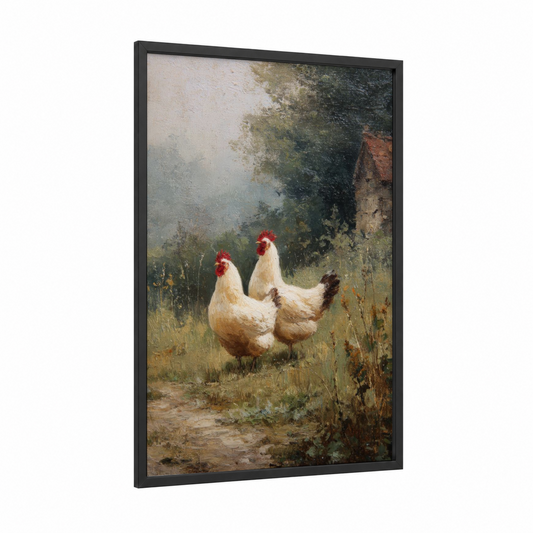 Rustic Farmyard Rooster framed chicken and roosters print — black wood frame — cream and russet palette