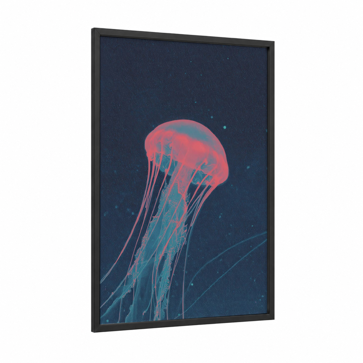 Cosmic Jellyfish framed extraterrestrial print — black wood frame — blue and salmon pink palette