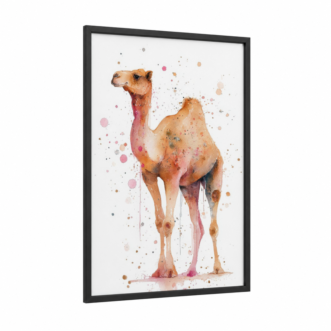 Desert Camel Splash framed art print — black wood frame — peach and rose gold palette
