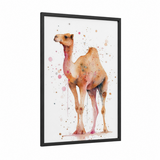 Desert Camel Splash framed art print — black wood frame — peach and rose gold palette
