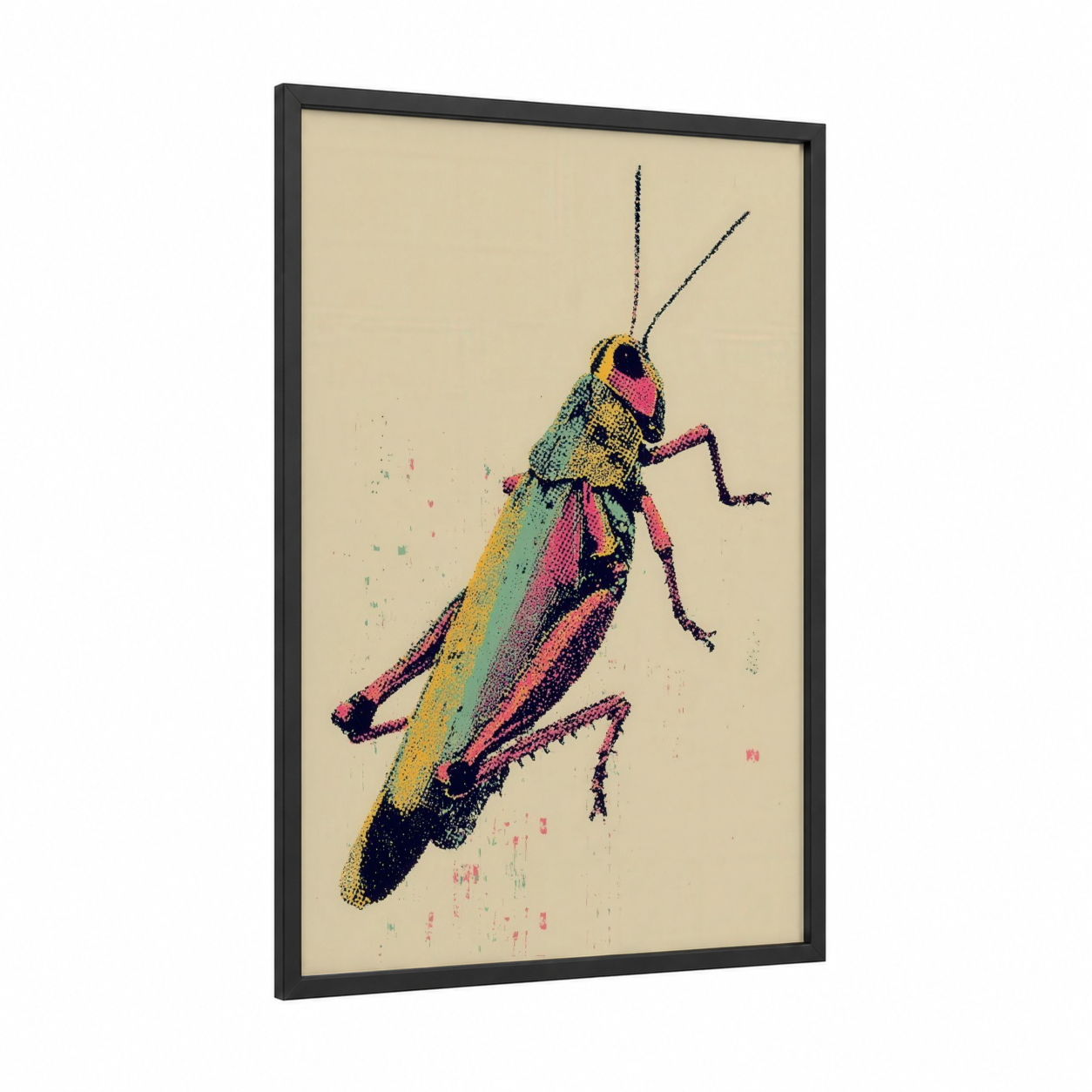 Rainbow Grasshopper framed art print — black wood frame — blue and gold and teal palette
