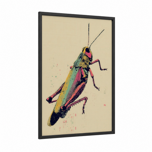 Rainbow Grasshopper framed art print — black wood frame — blue and gold and teal palette