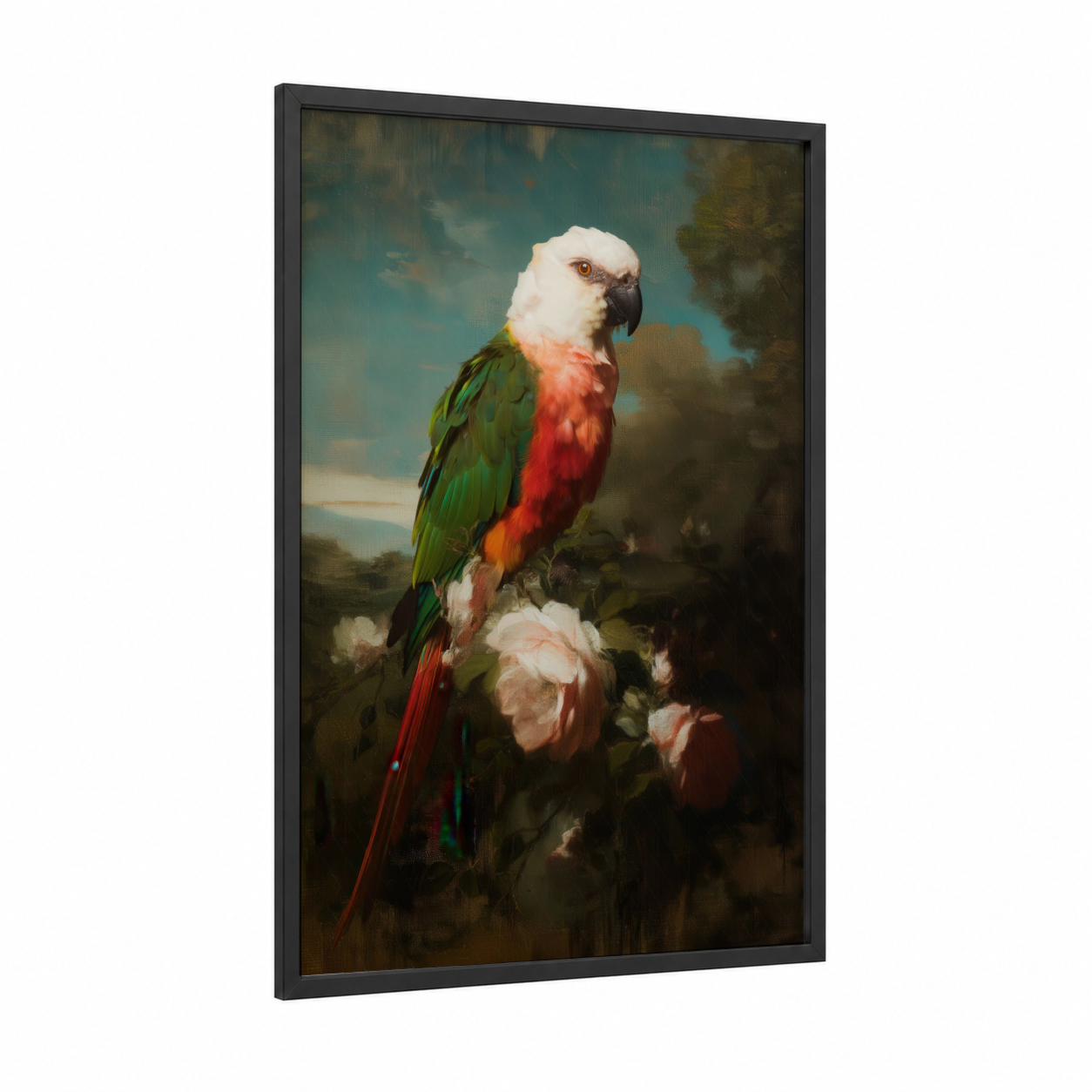 Crimson Macaw Portrait framed safari parrots print — black wood frame — red and green palette