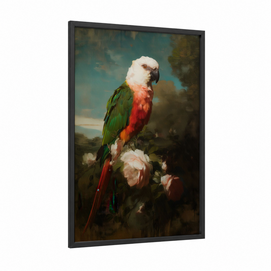 Crimson Macaw Portrait framed safari parrots print — black wood frame — red and green palette