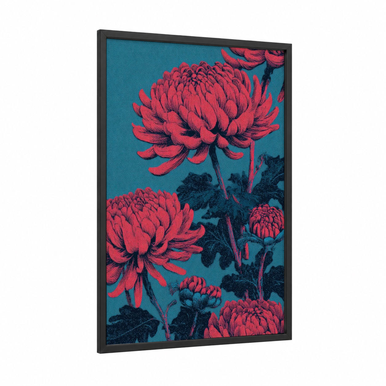 Crimson Chrysanthemum framed art print — black wood frame — magenta and teal palette