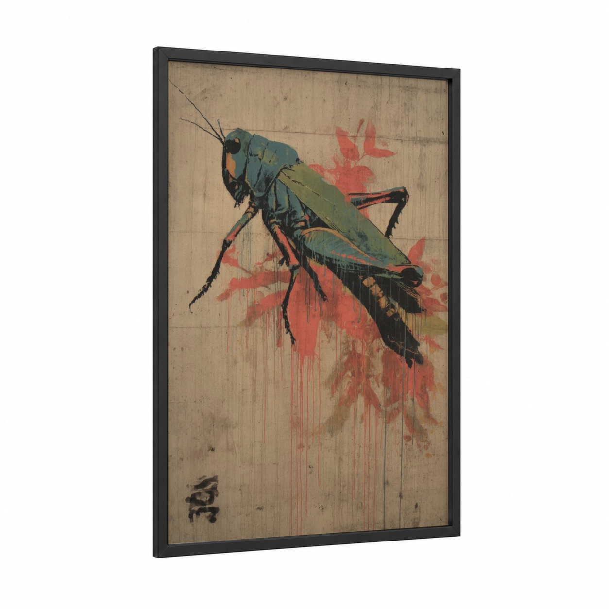 Crimson Grasshopper framed art print — black wood frame — teal and red palette