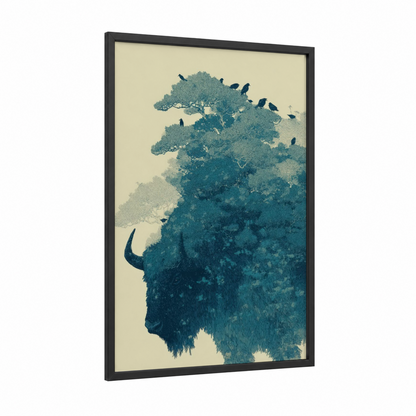 Mountain Yak framed art print — black wood frame — teal and cream palette