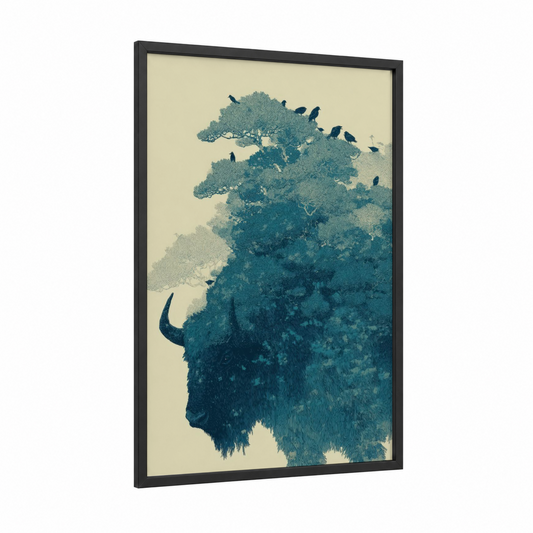 Mountain Yak framed art print — black wood frame — teal and cream palette