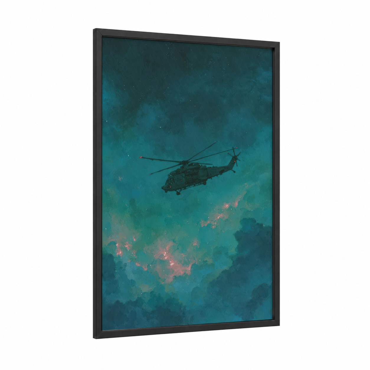 Nocturnal Helicopter framed art print — black wood frame — teal and salmon pink palette