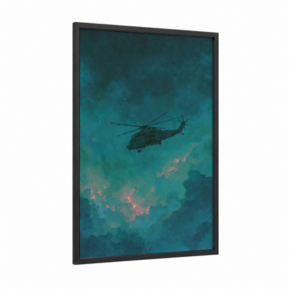 Nocturnal Helicopter framed art print — black wood frame — teal and salmon pink palette