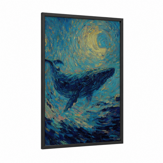 Celestial Whale framed sperm whale print — black wood frame — blue and gold palette