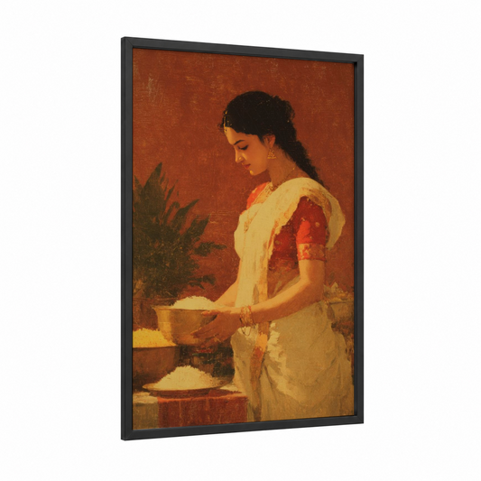 Graceful Offering framed hinduism print — black wood frame — russet and gold palette