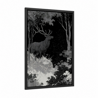 Majestic Elk Forest framed art print — black wood frame — black and white and gray palette