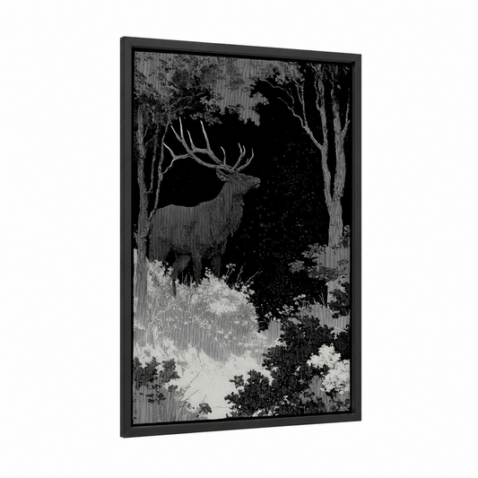 Majestic Elk Forest framed art print — black wood frame — black and white and gray palette