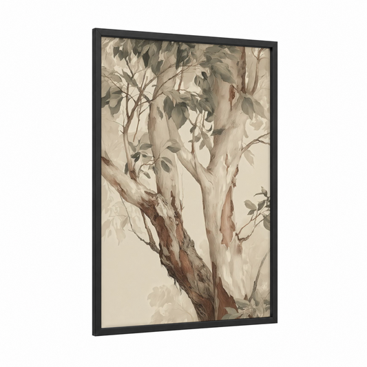 Graceful Eucalyptus framed eucalyptus forest print — black wood frame — cream and sage green palette