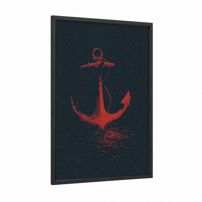Crimson Anchor framed art print — black wood frame — red and black and blue palette