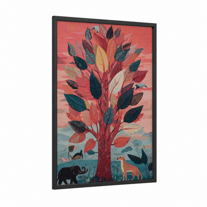 Crimson Banyan Tree framed art print — black wood frame — red and teal palette
