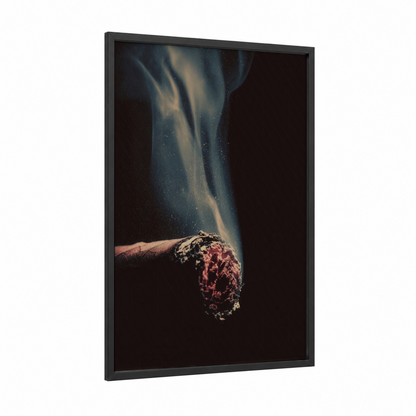 Incense Smoke Rise framed art print — black wood frame — gold and dark blue palette