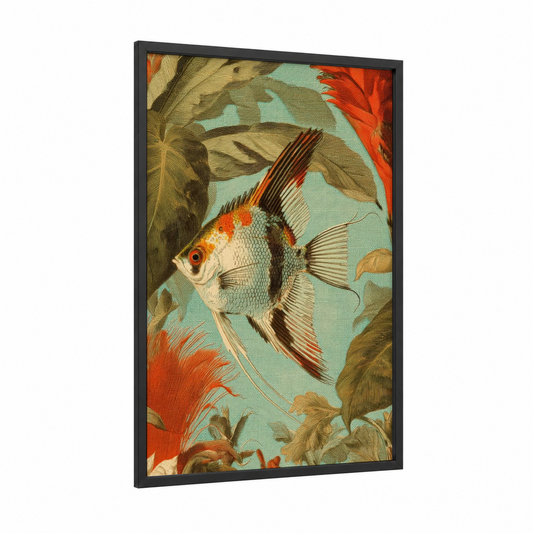 Ornate Angel Fish framed art print — black wood frame — orange and teal palette