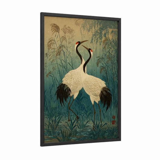 Elegant Cranes Dance framed art print — black wood frame — teal and cream palette