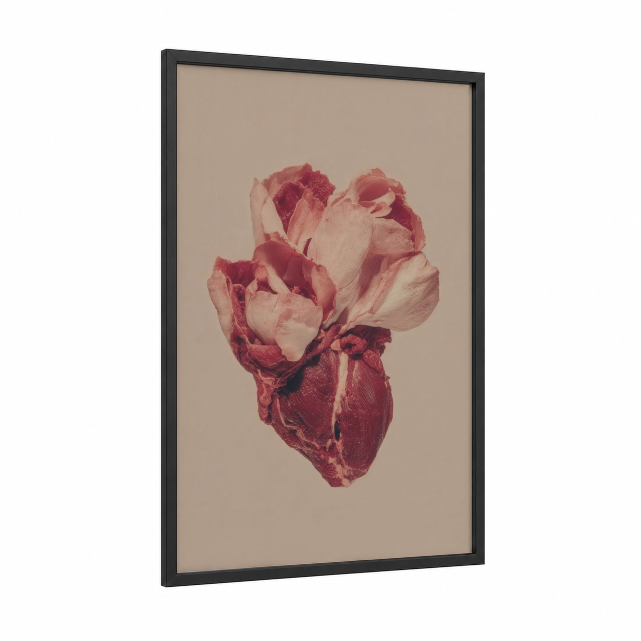 Crimson Floral Meat framed art print — black wood frame — salmon pink and maroon palette