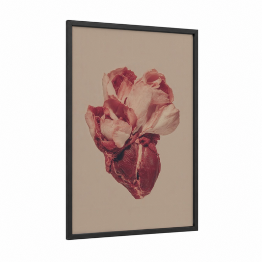 Crimson Floral Meat framed art print — black wood frame — salmon pink and maroon palette