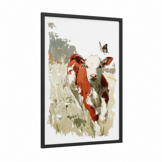 Curious Hereford framed hereford cow print — black wood frame — cream palette