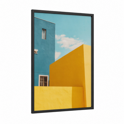 Turquoise Geometry framed abstract architecture print — black wood frame — blue and yellow gold palette