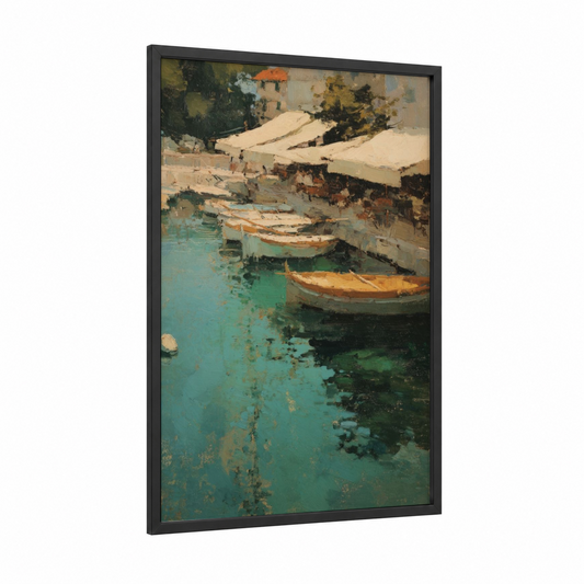 Turquoise Harbor framed port print — black wood frame — turquoise and cream palette