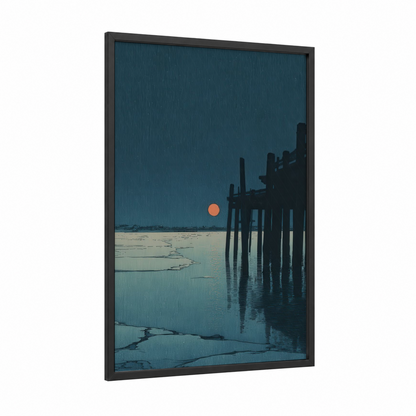 Rainy Pier Sunset framed docks and piers print — black wood frame — dark blue and peach palette