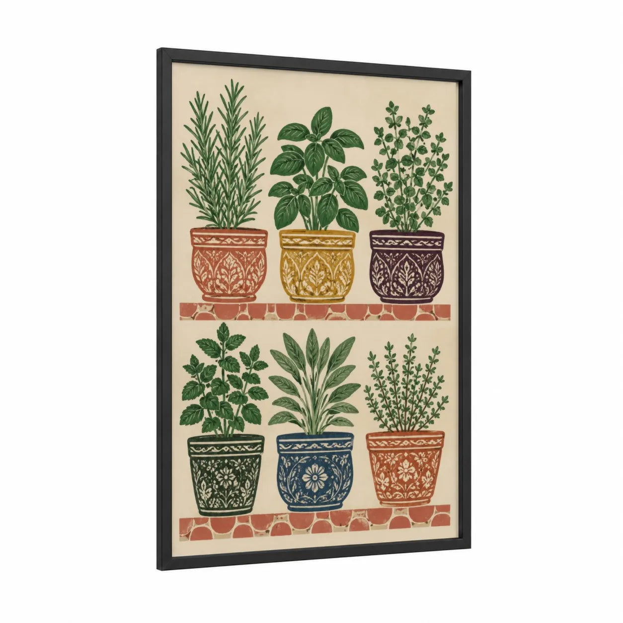 Potted Herb Garden Kitchen Wall Art framed herbs print — black wood frame — green and beige palette