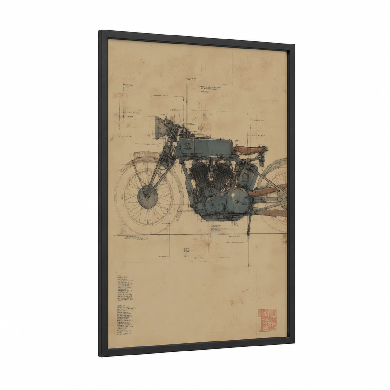 Blueprint Vintage Motorcycle framed art print — black wood frame — beige and black palette
