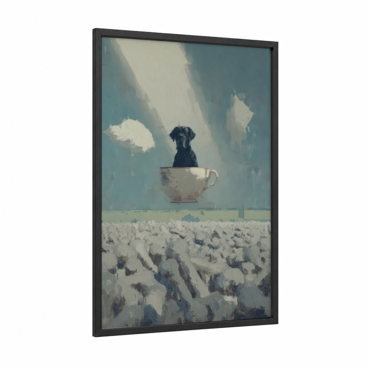 Teacup Mastiff framed art print — black wood frame — blue and white and dove gray palette