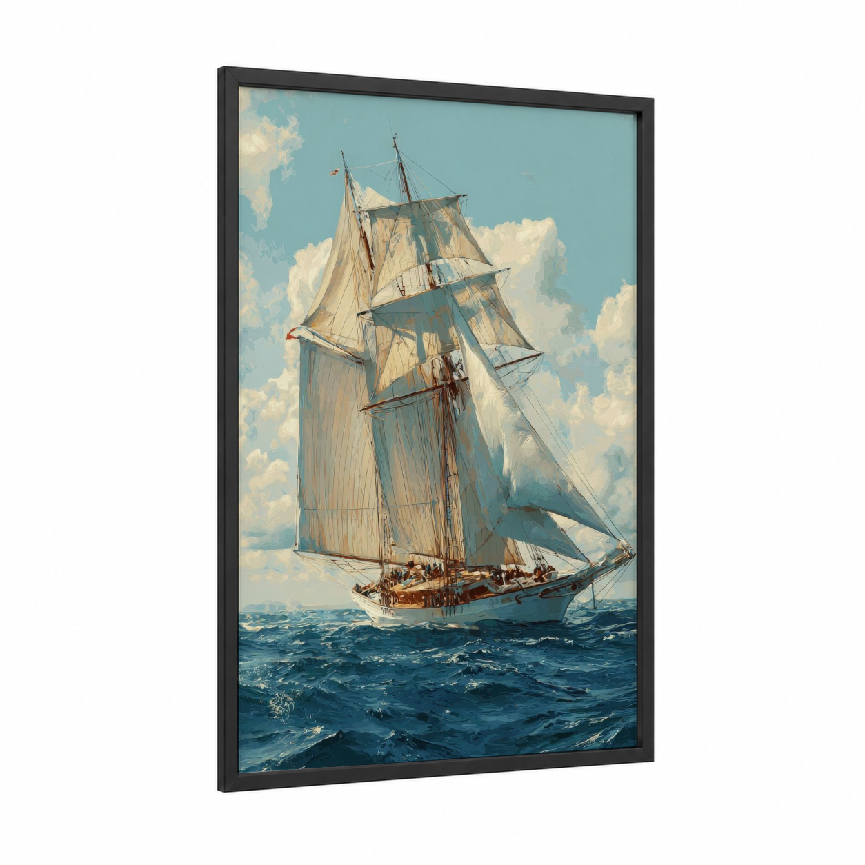 Majestic Sailing Ship framed art print — black wood frame — blue and white and cream palette