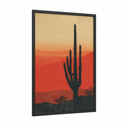 Desert Saguaro Sunset framed cactus print — black wood frame — red and gold palette