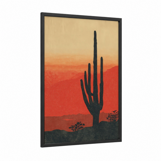 Desert Saguaro Sunset framed cactus print — black wood frame — red and gold palette