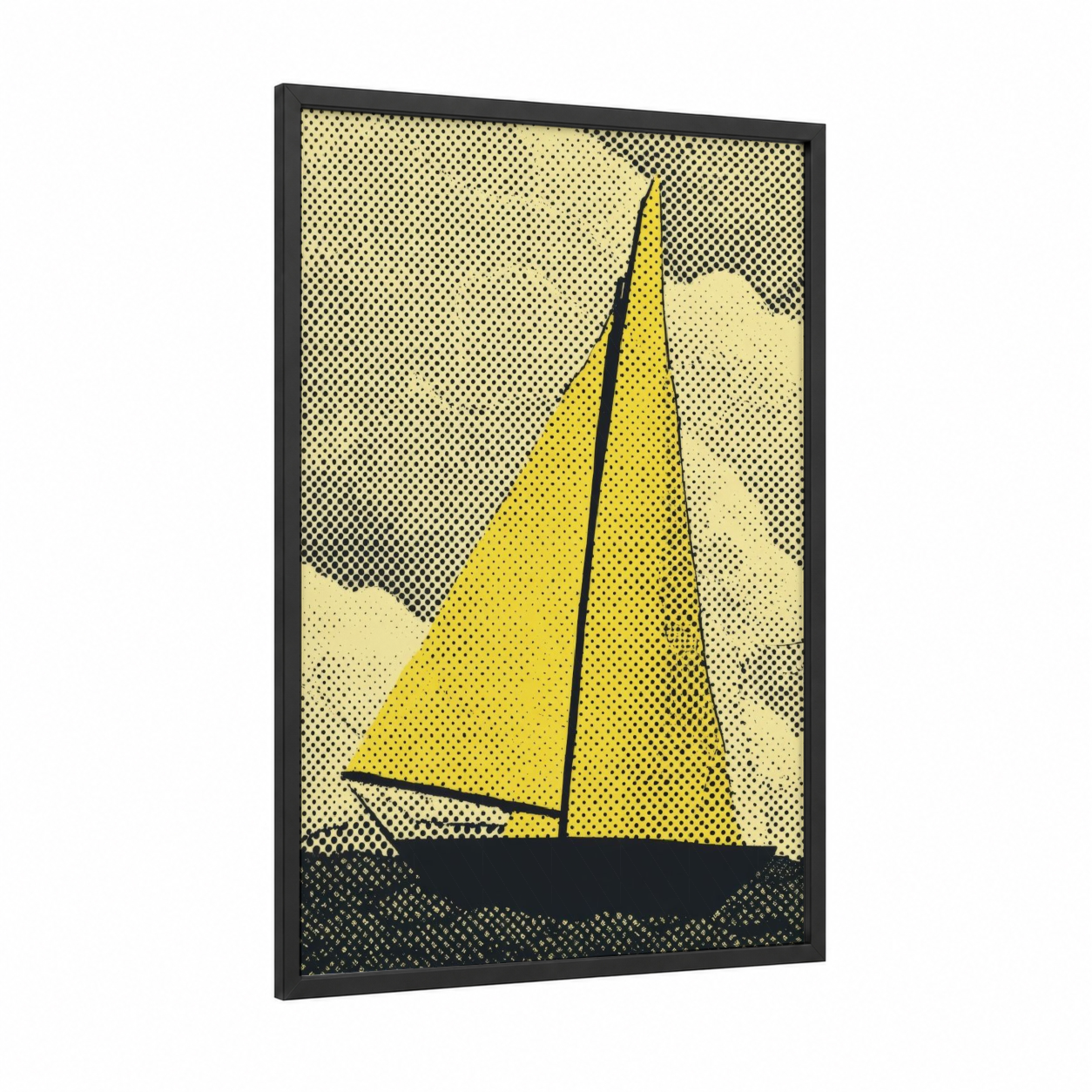 Yellow Sailboat framed sailing print — black wood frame — yellow and black palette