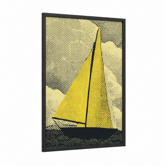 Yellow Sailboat framed sailing print — black wood frame — yellow and black palette