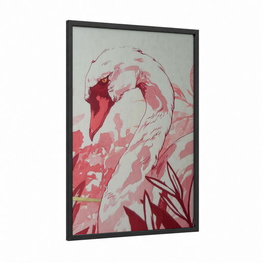 Crimson Swan framed art print — black wood frame — pink and maroon palette
