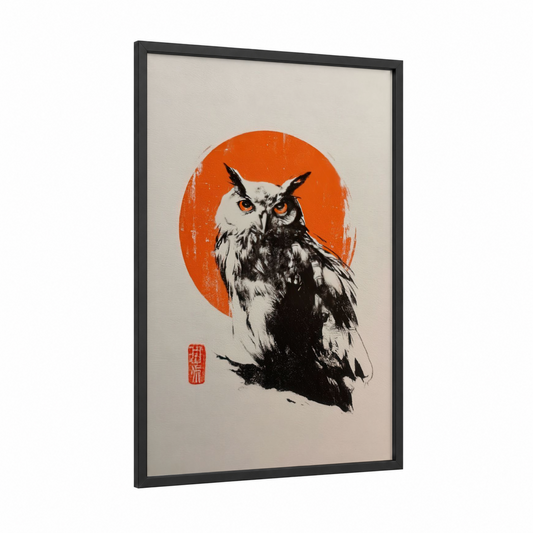 Amber Owl framed art print — black wood frame — black and white and pumpkin palette