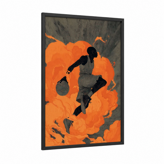 Dynamic Basketball Fire framed art print — black wood frame — orange and black and white palette