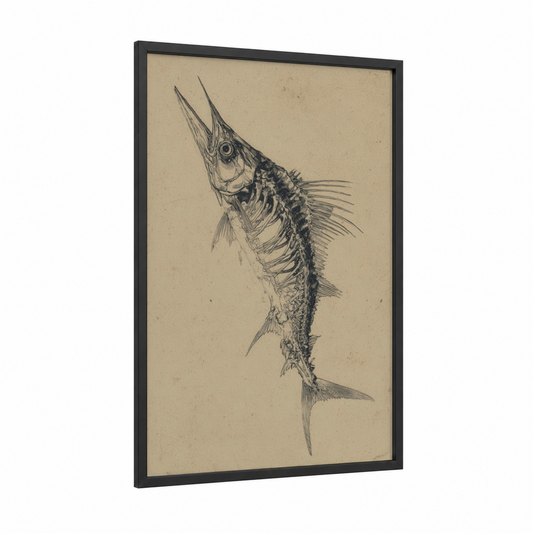 Anatomical Wahoo framed art print — black wood frame — black and white and cream palette