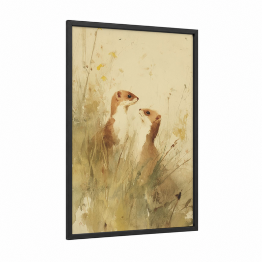 Watchful Weasels framed art print — black wood frame — cream and olive palette