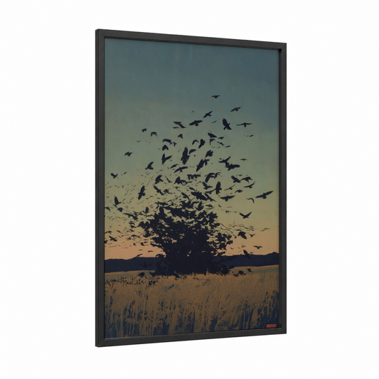 Twilight Exodus framed crows and ravens print — black wood frame — black and gold palette
