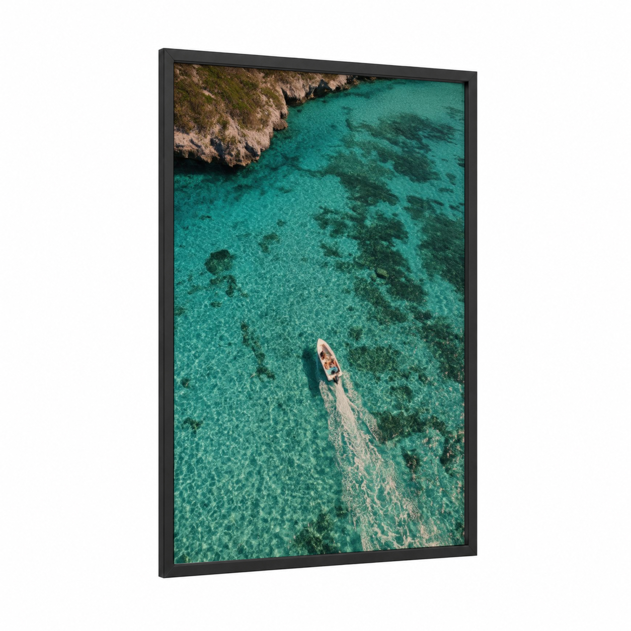 Turquoise Parasailing framed art print — black wood frame — turquoise and teal palette