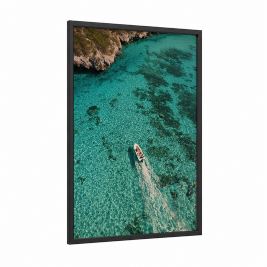 Turquoise Parasailing framed art print — black wood frame — turquoise and teal palette